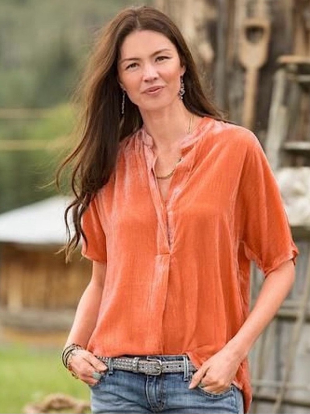 SUNDANCE Silk Velvet Orange Blouse velour Large business causal top